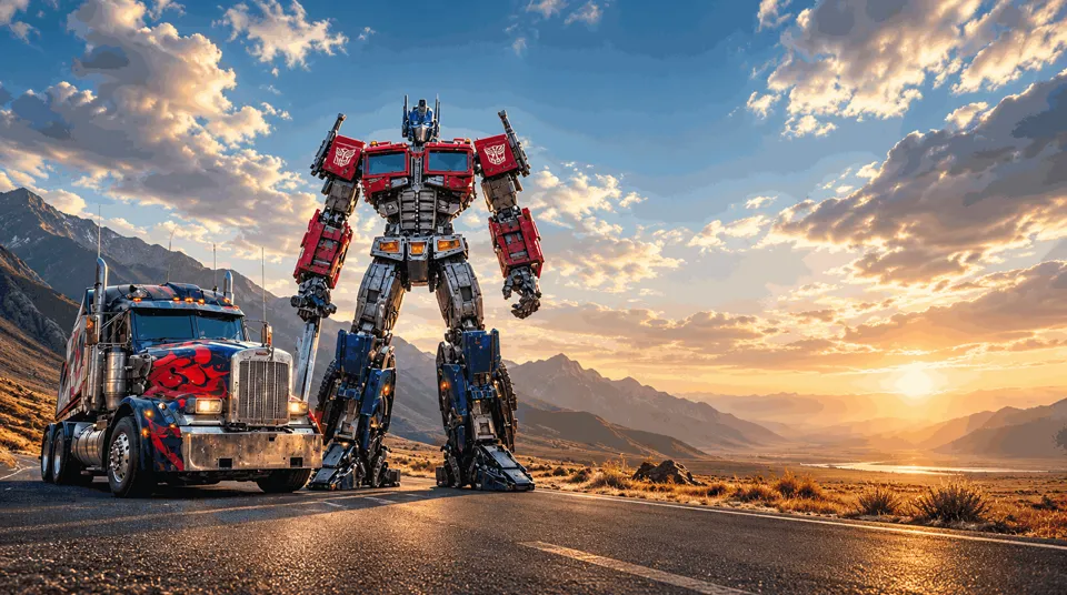 A giant red and blue robot standing on a desert road at sunset beside a truck with red flames on its hood.