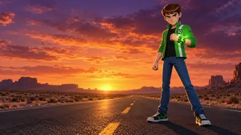 A teenager in a green jacket stands on a desert highway at sunset, a glowing green watch on his wrist.