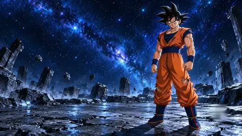 A man in an orange martial-arts suit with spiky black hair stands in a ruined stone arena under a starry sky.