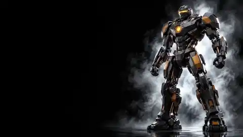 A gunmetal and amber armored mech standing in smoke.