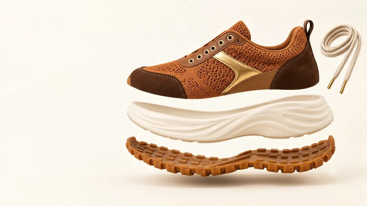 The shoe pulled apart into three floating layers: knit upper on top, foam midsole in the middle, gum rubber outsole below, with the laces beside it.