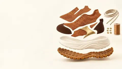 Loose shoe materials laid out on warm white: knit, suede, foam, rubber and a spool of thread.